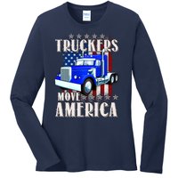 Cool Truckers Move America Semi Truck Distressed Flag Ladies Long Sleeve Shirt