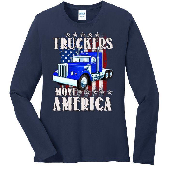 Cool Truckers Move America Semi Truck Distressed Flag Ladies Long Sleeve Shirt