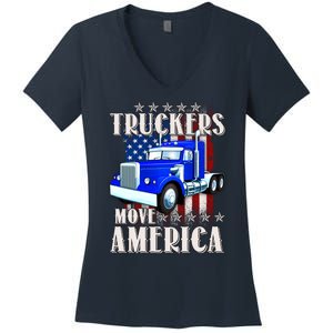 Cool Truckers Move America Semi Truck Distressed Flag Women's V-Neck T-Shirt