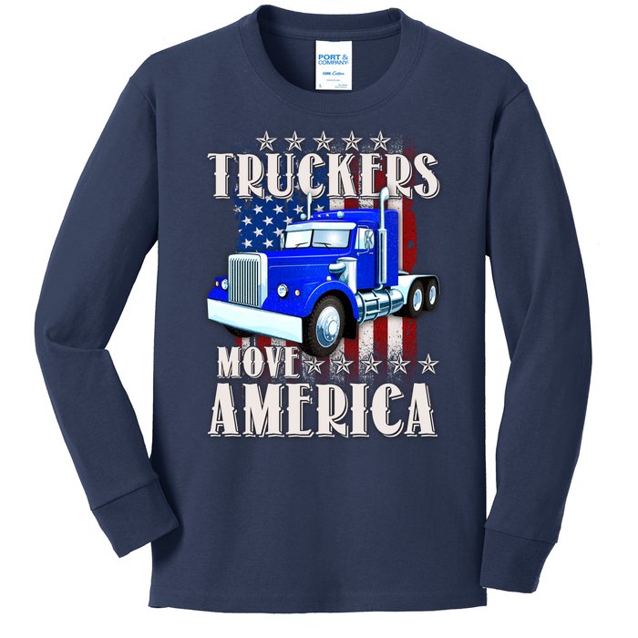 Cool Truckers Move America Semi Truck Distressed Flag Kids Long Sleeve Shirt