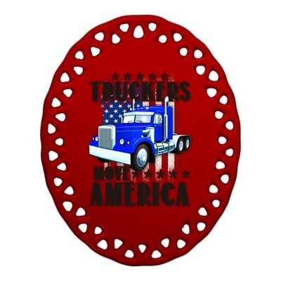 Cool Truckers Move America Semi Truck Distressed Flag Ceramic Oval Ornament