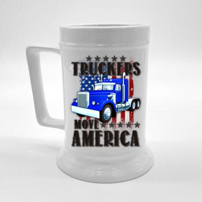 Cool Truckers Move America Semi Truck Distressed Flag Beer Stein