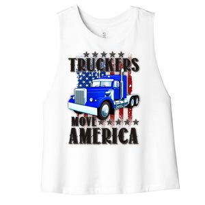 Cool Truckers Move America Semi Truck Distressed Flag Women's Racerback Cropped Tank