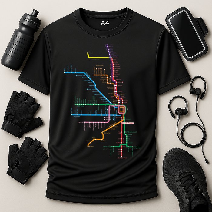 Chicago Trains Map Cooling Performance Crew T-Shirt