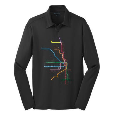 Chicago Trains Map Silk Touch Performance Long Sleeve Polo