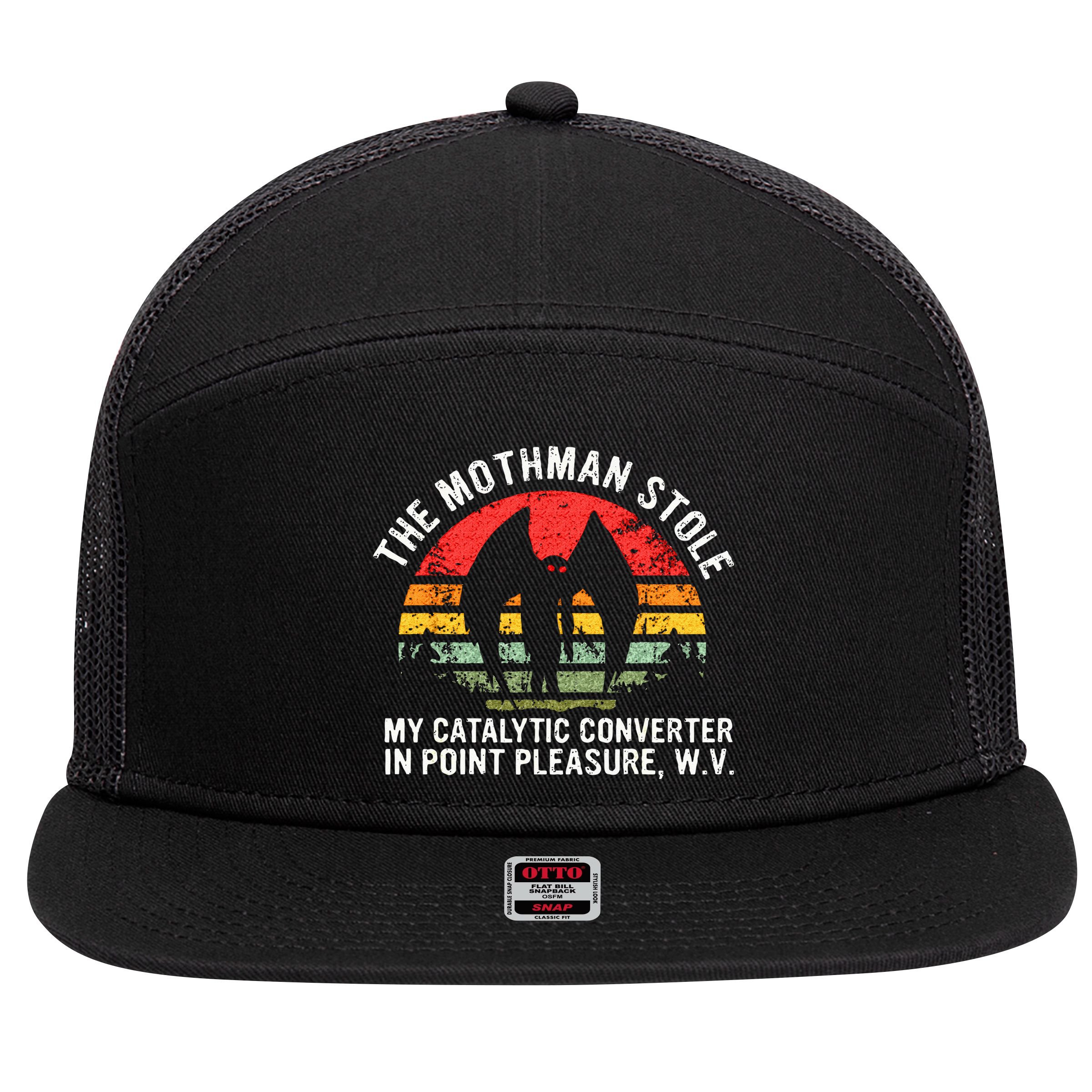 Cryptid The Mothman Stole My Catalytic Converter In Point 7 Panel Mesh Trucker Snapback Hat