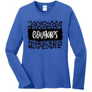 Cougars Team Mascot School Spirit Game Night Leopard Print Gift Ladies Long Sleeve Shirt