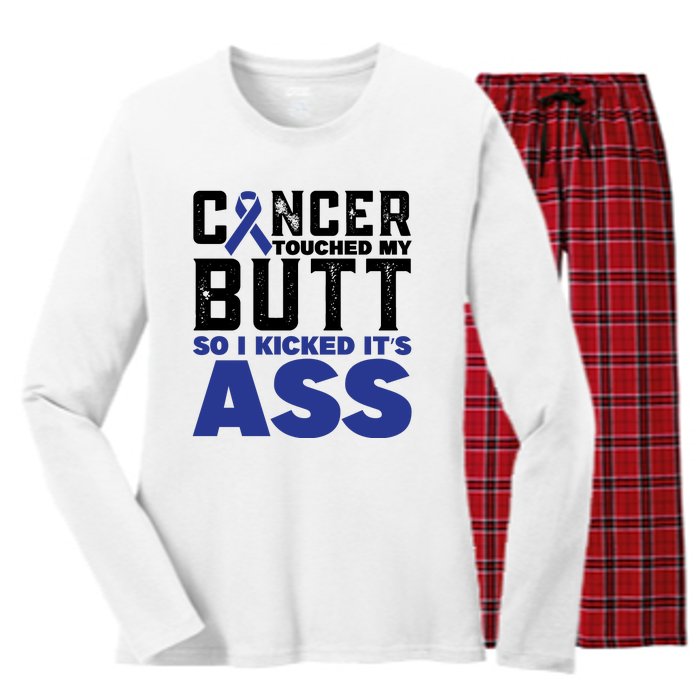 Cancer Touched My Butt So I Kicked Its Ass Funny Colon Cancer Awareness Women's Long Sleeve Flannel Pajama Set 