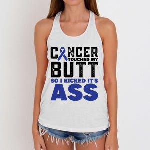 Cancer Touched My Butt So I Kicked Its Ass Funny Colon Cancer Awareness Women's Knotted Racerback Tank