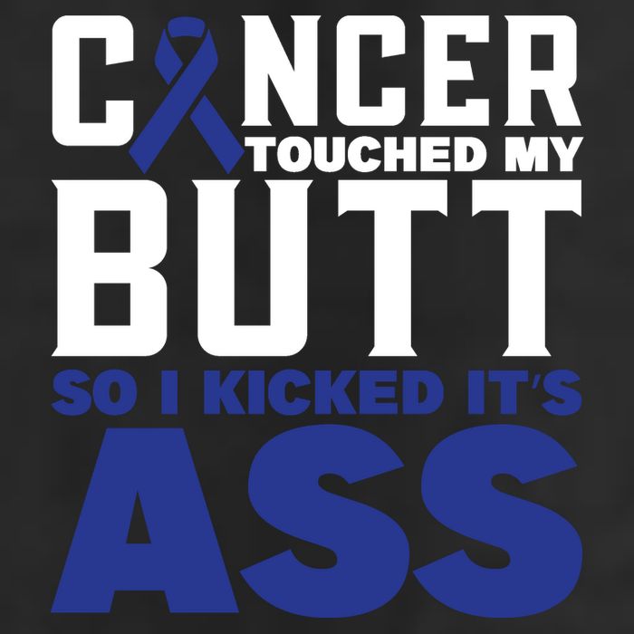 Cancer Touched My Butt So I Kicked Its Ass Funny Colon Cancer Awareness 7 Panel Mesh Trucker Snapback Hat