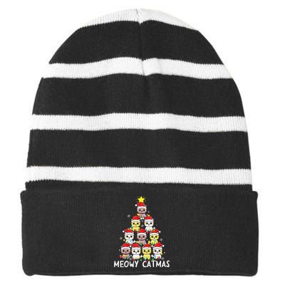 Christmas Tree Meowy Catmas Cat Xmas Girls Boy Funny Santa Striped Beanie with Solid Band