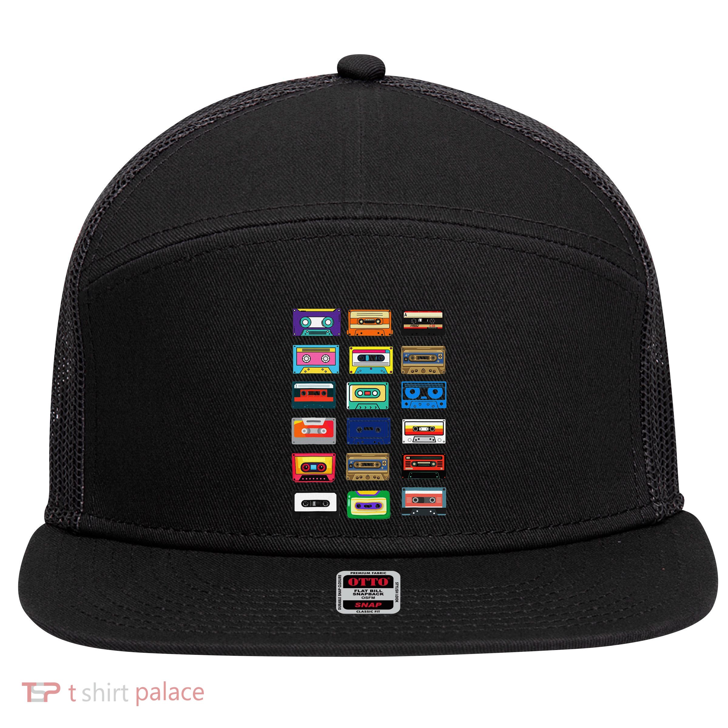 Cassette Tapes Mixtapes 1980s 1990s Radio Music Graphic 7 Panel Mesh Trucker Snapback Hat