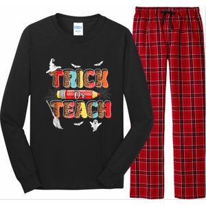 Cute Trick Or Teach Fun Halloween Teacher Leopard Groovy Long Sleeve Pajama Set