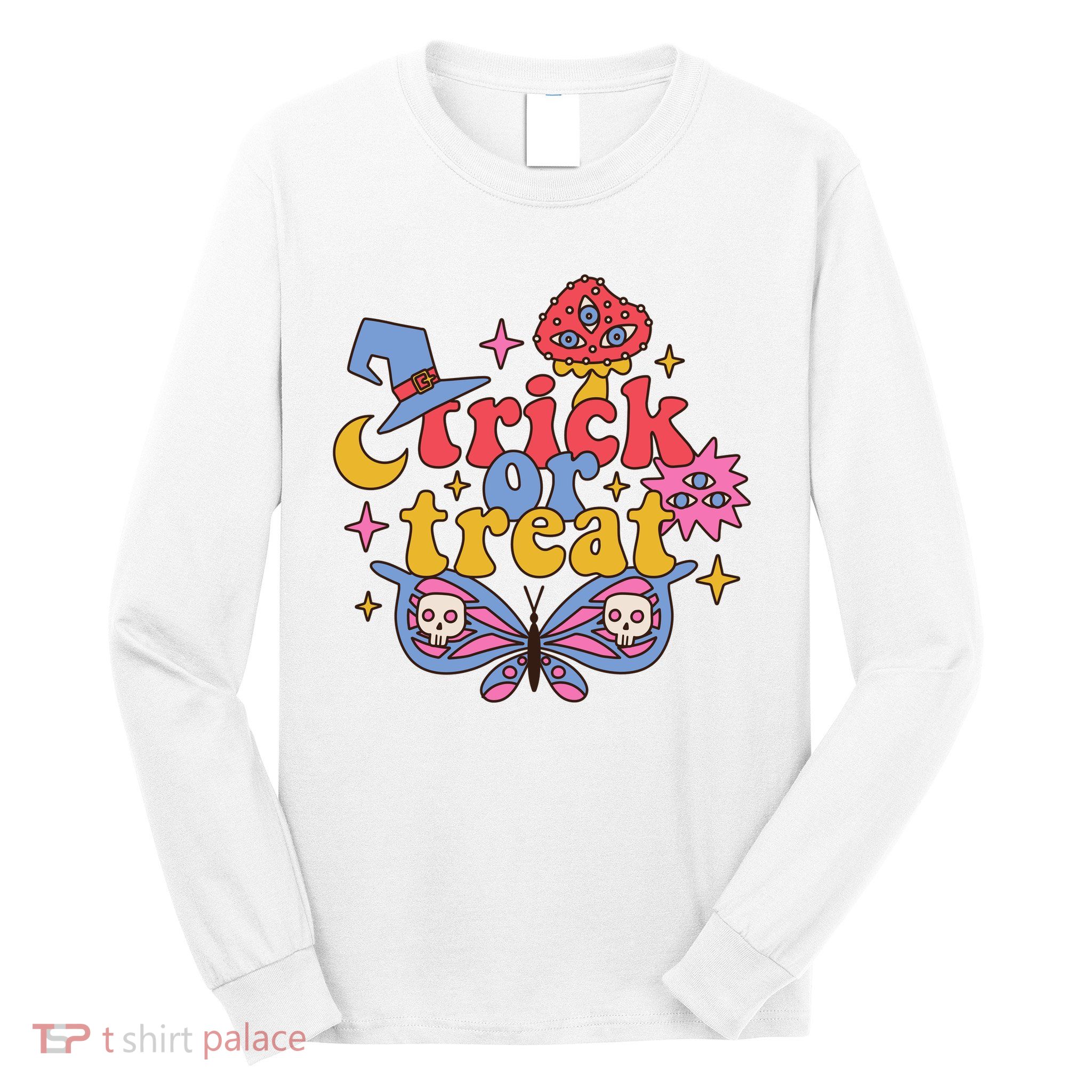 Cute Trick Or Treat Moon Night Butterfly Halloween Long Sleeve Shirt