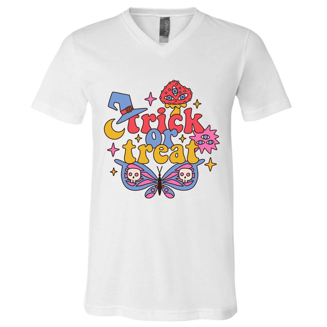Cute Trick Or Treat Moon Night Butterfly Halloween V-Neck T-Shirt