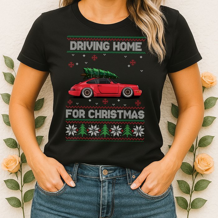 Christmas Tree Oldtimer Car Xmas Ugly Sweater Pullover Look Womens T-Shirt