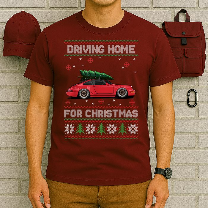 Christmas Tree Oldtimer Car Xmas Ugly Sweater Pullover Look T-Shirt