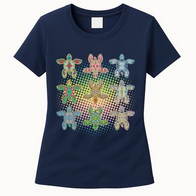 Colorful Tribal Pattern Sea Turtles Womens T-Shirt