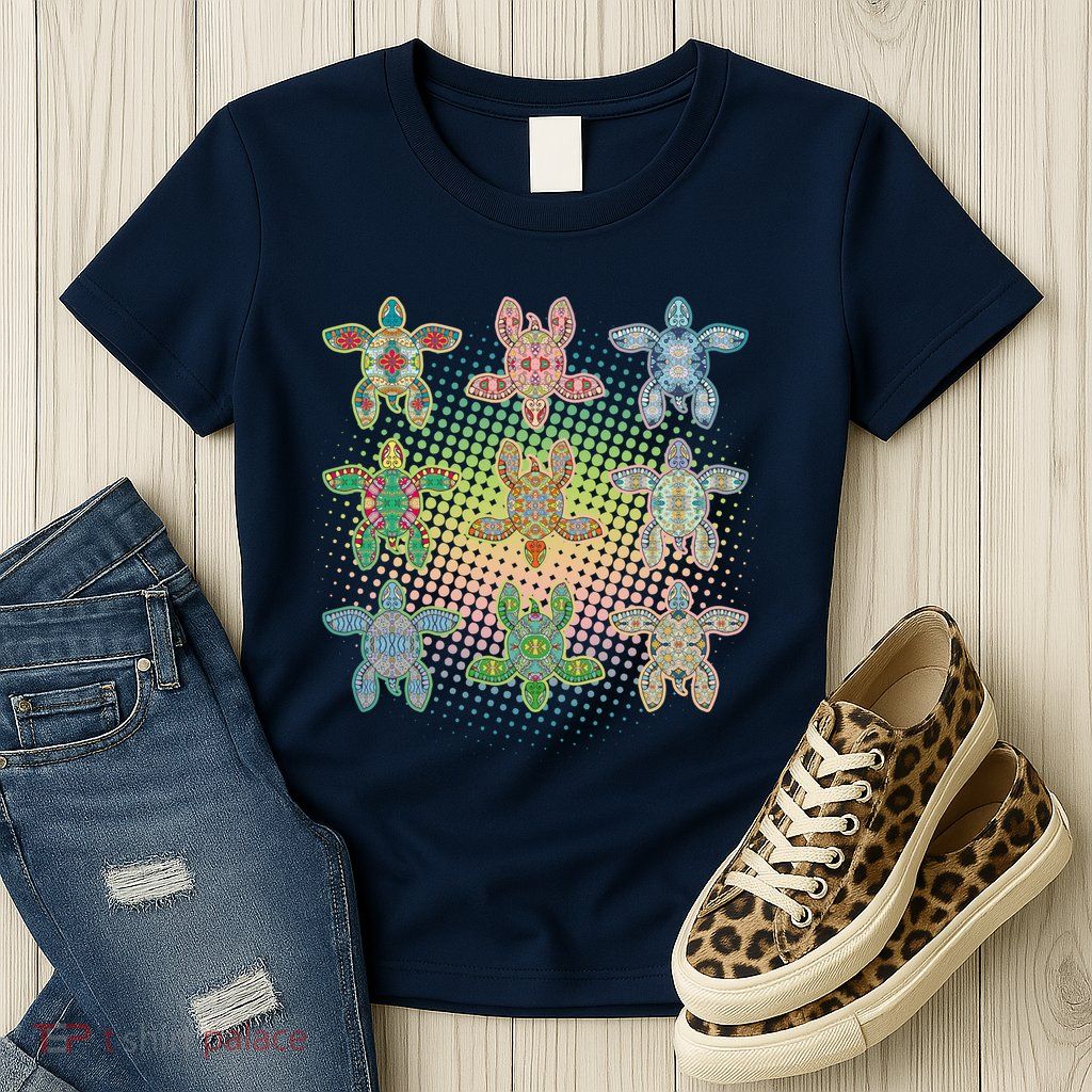 Colorful Tribal Pattern Sea Turtles Womens T-Shirt