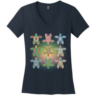 Colorful Tribal Pattern Sea Turtles Women's V-Neck T-Shirt