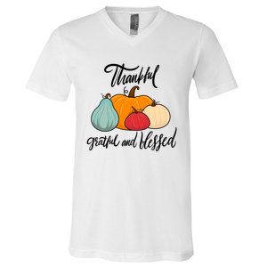 Colorful Thanksgiving Pumpkin Thankful Grateful Blessed Funny Gift V-Neck T-Shirt