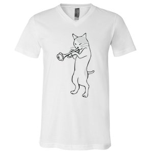 Cat Trumpet Player Straight Mute Wah Wah Funny Trumpet V-Neck T-Shirt