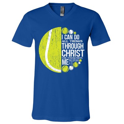 Christian Tennis Philippians 4:13 Gift Gift V-Neck T-Shirt
