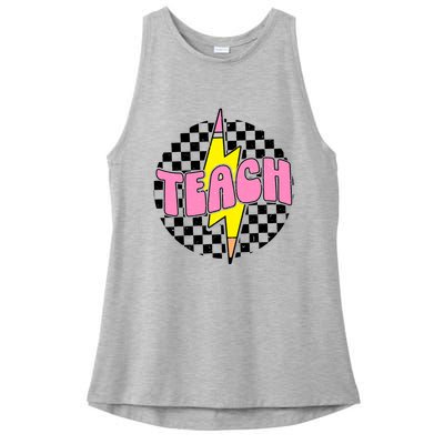 Checkered Teach Pencil Lightning Bolt Back To School Ladies PosiCharge Tri-Blend Wicking Tank