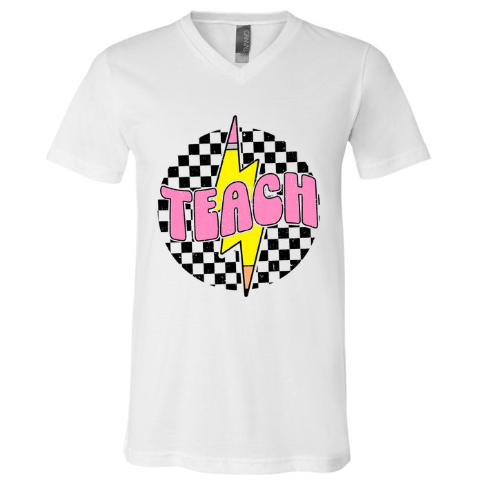 Checkered Teach Pencil Lightning Bolt Back To School V-Neck T-Shirt