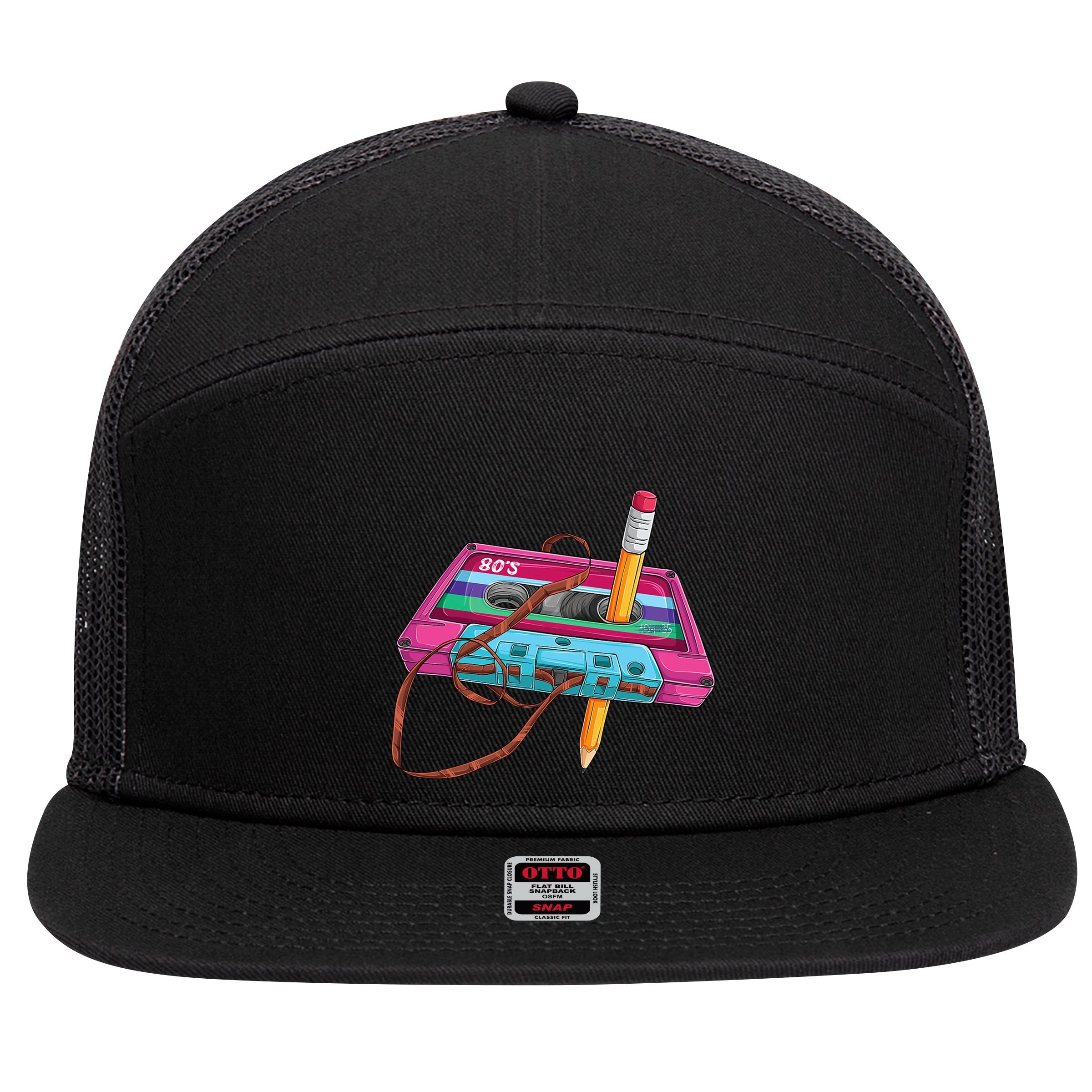 Cassette Tape Pencil 70S 80S 90S Music Mixtape 7 Panel Mesh Trucker Snapback Hat