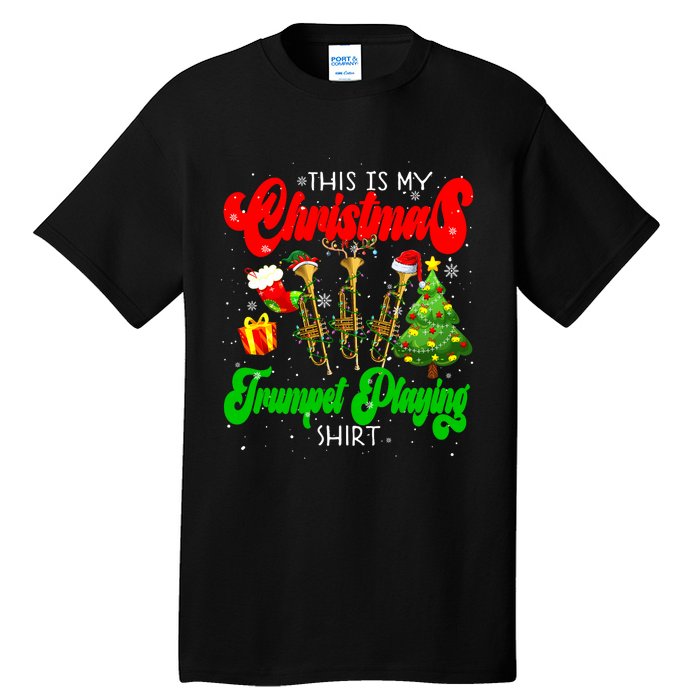 Christmas Trumpet Play Three Santa Elf Trumpets Tall T-Shirt