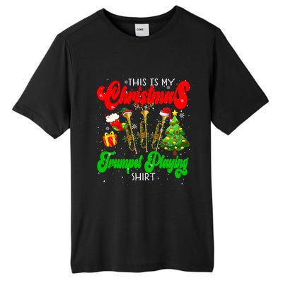 Christmas Trumpet Play Three Santa Elf Trumpets Tall Fusion ChromaSoft Performance T-Shirt