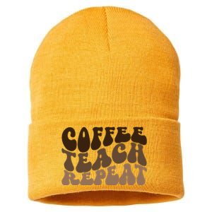 Coffee Teach Repeat Retro Teacher Gift Sustainable Knit Beanie