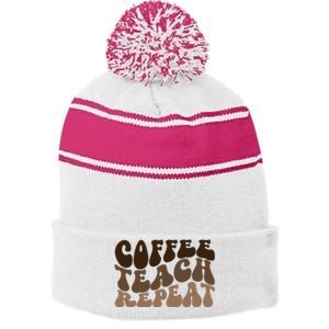 Coffee Teach Repeat Retro Teacher Gift Stripe Pom Pom Beanie