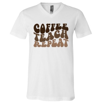 Coffee Teach Repeat Retro Teacher Gift V-Neck T-Shirt