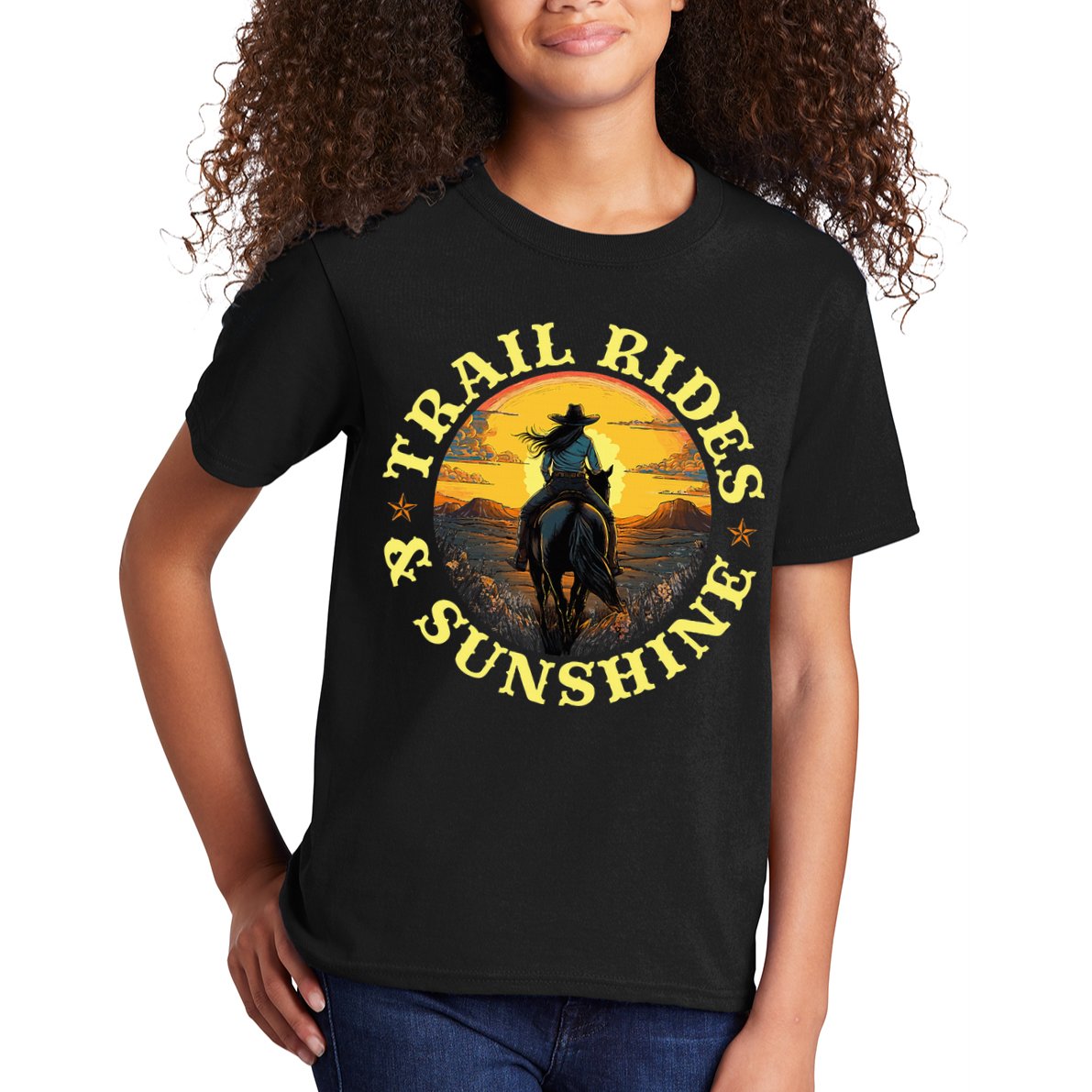 Country Trail Rides And Sunshine Horse Riding Cowgirl Kids T-Shirt