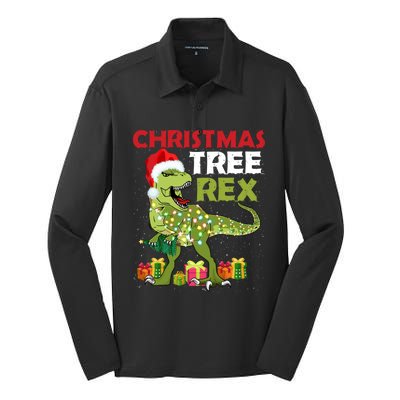 Christmas Tree Rex Trex Dinosaur Gift Silk Touch Performance Long Sleeve Polo