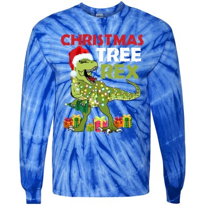 Christmas Tree Rex Trex Dinosaur Gift Tie-Dye Long Sleeve Shirt