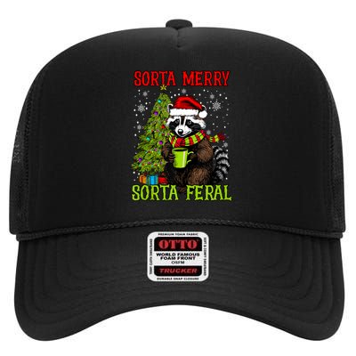 Christmas Tree Raccoon Santa Coffee Sorta Merry Feral Funny Tank Top High Crown Mesh Back Trucker Hat