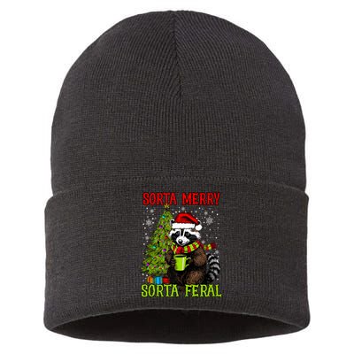 Christmas Tree Raccoon Santa Coffee Sorta Merry Feral Funny Tank Top Sustainable Knit Beanie