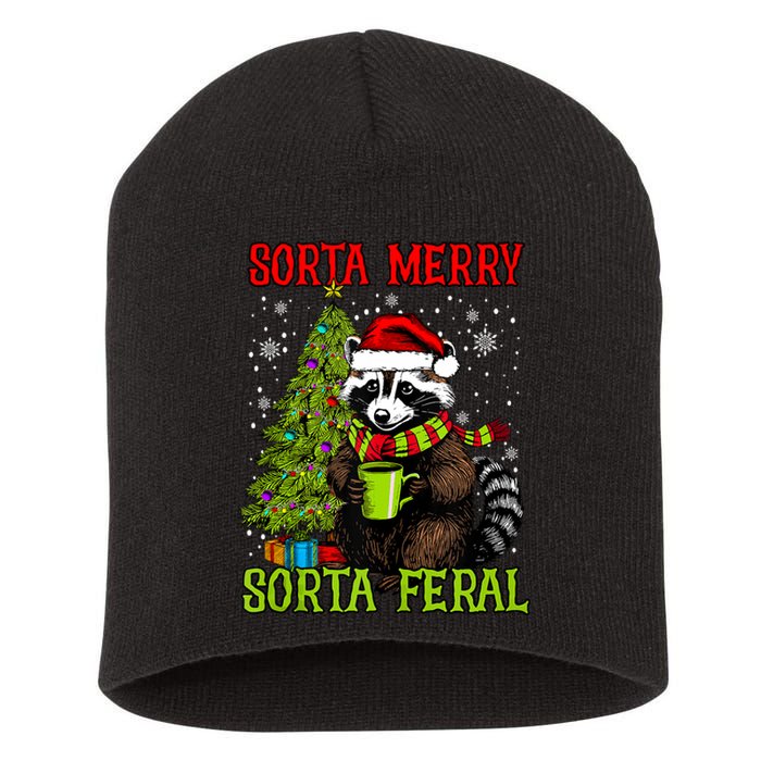 Christmas Tree Raccoon Santa Coffee Sorta Merry Feral Funny Tank Top Short Acrylic Beanie