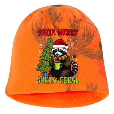 Christmas Tree Raccoon Santa Coffee Sorta Merry Feral Funny Tank Top Kati - Camo Knit Beanie