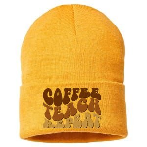 Coffee Teach Repeat Retro Gift For Teacher Sustainable Knit Beanie