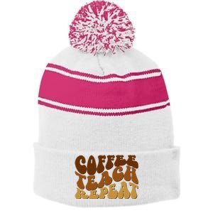 Coffee Teach Repeat Retro Gift For Teacher Stripe Pom Pom Beanie