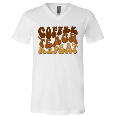 Coffee Teach Repeat Retro Gift For Teacher V-Neck T-Shirt