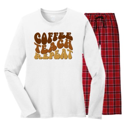 Coffee Teach Repeat Retro Gift For Teacher Women's Long Sleeve Flannel Pajama Set 