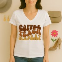 Coffee Teach Repeat Retro Gift For Teacher Women's V-Neck T-Shirt