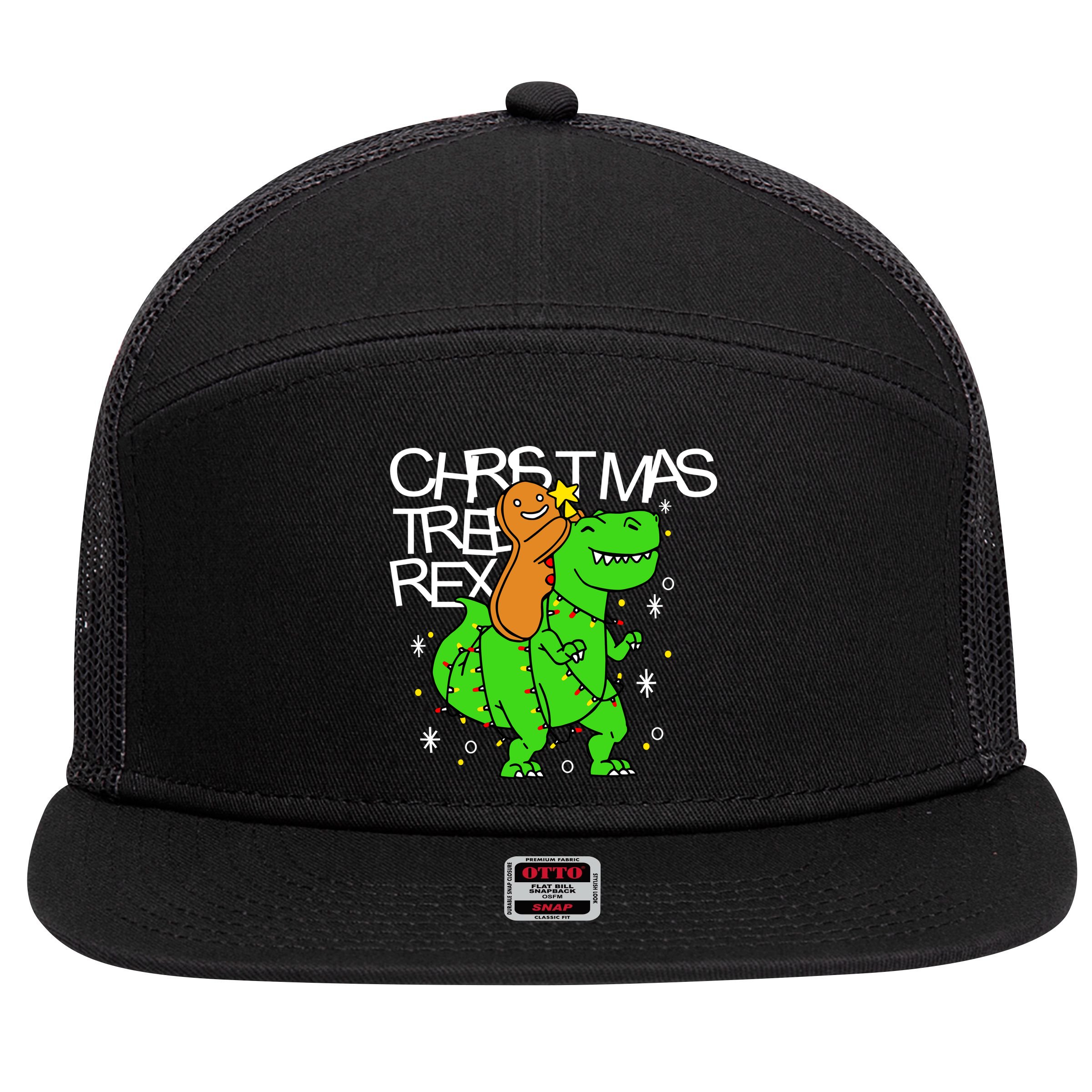 Christmas Tree Rex TRex Gingerbread Man Funny 7 Panel Mesh Trucker Snapback Hat