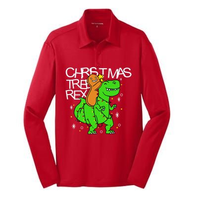 Christmas Tree Rex TRex Gingerbread Man Funny Silk Touch Performance Long Sleeve Polo