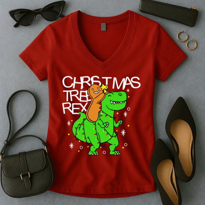 Christmas Tree Rex TRex Gingerbread Man Funny Women's V-Neck T-Shirt